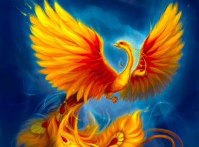 Illustration of the golden Alicanto. Looks like a phoenix. 